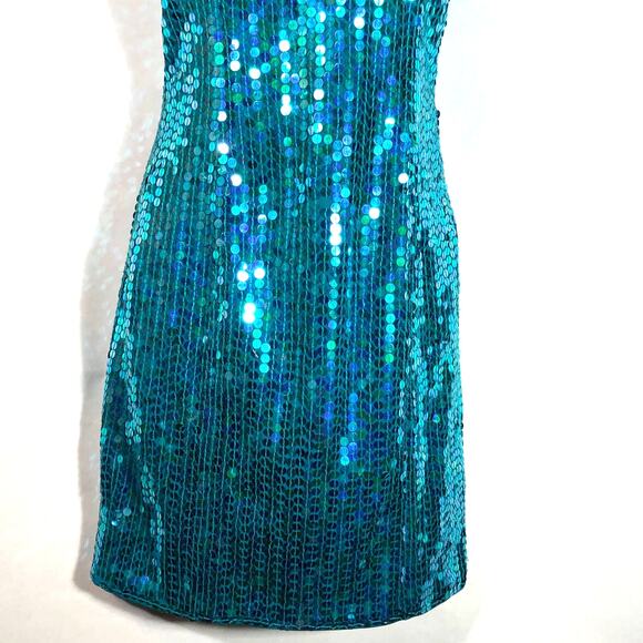 Vintage 90s Teal Sequin Mini Dress Concert Party Cocktail Sleeveless Mermaid - Picture 3 of 13